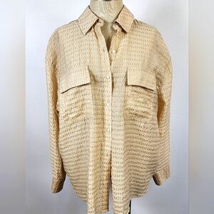 Future Collective Womens Textured Beige Button-Up Lightweight Baggy Shirt, sz MD